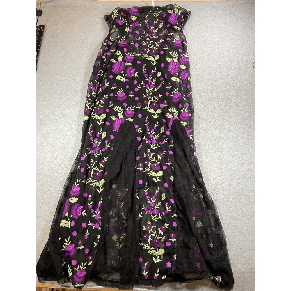 Free People Black Floral Embroidered Mesh Maxi Dress Lace Accents S 1728